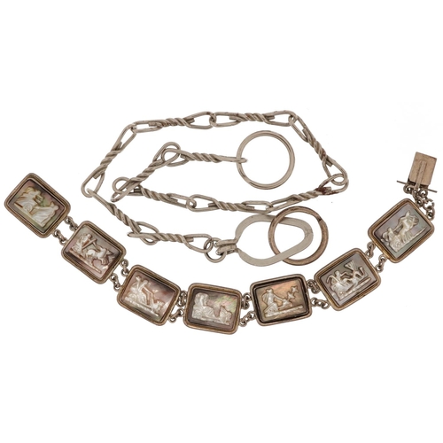 2600 - Unmarked silver abalone and mother of pearl panel bracelet carved with chariots and a white metal wa... 