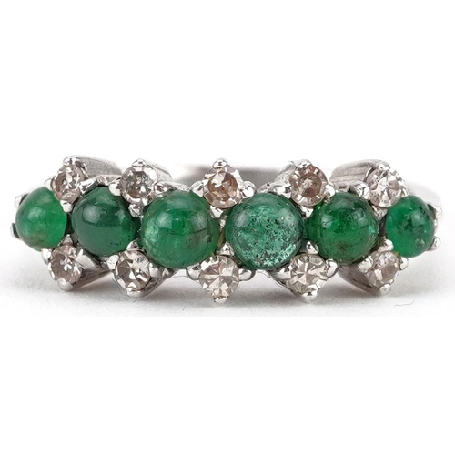 2117 - French white gold cabochon emerald and diamond three row ring housed in a French velvet and silk lin... 