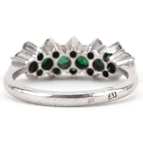 2117 - French white gold cabochon emerald and diamond three row ring housed in a French velvet and silk lin... 