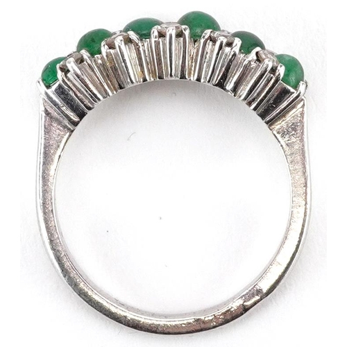 2117 - French white gold cabochon emerald and diamond three row ring housed in a French velvet and silk lin... 