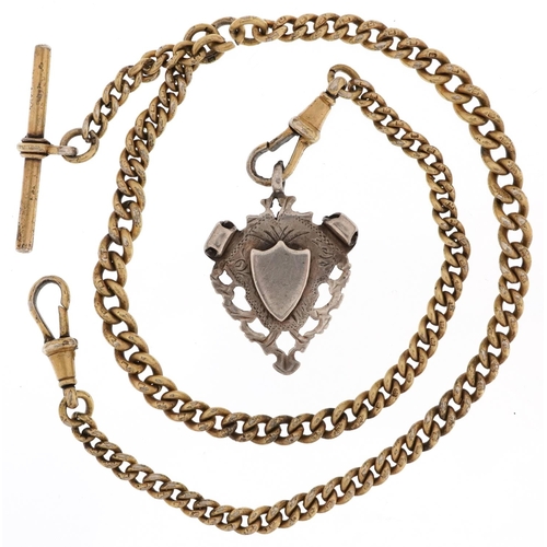 2611 - Silver gilt graduated watch chain with dog clip clasps, T bar and a silver sports jewel, 38cm in len... 