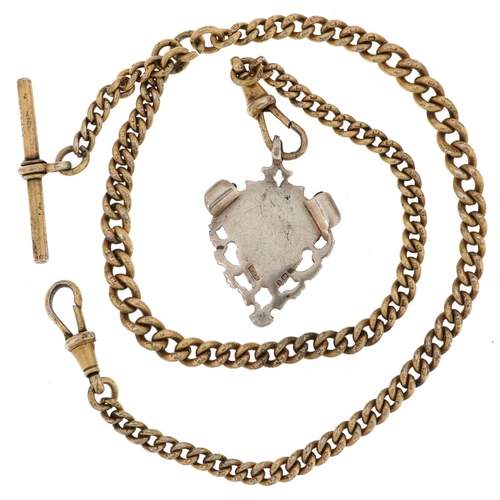 2611 - Silver gilt graduated watch chain with dog clip clasps, T bar and a silver sports jewel, 38cm in len... 