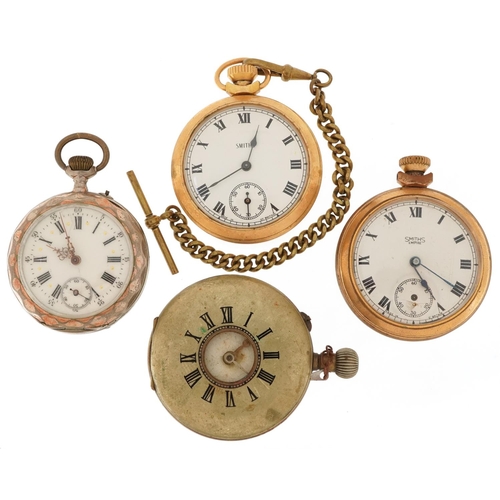 2726 - Four gentlemen's pocket watches comprising two gold plated Smiths open face pocket watches, 800 grad... 