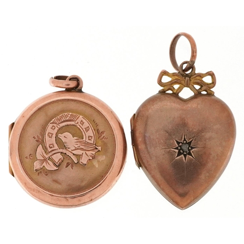 2434 - Two Victorian 9ct gold back and front lockets including one in the form of a love heart set with a d... 