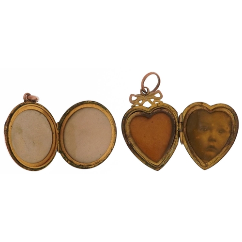 2434 - Two Victorian 9ct gold back and front lockets including one in the form of a love heart set with a d... 