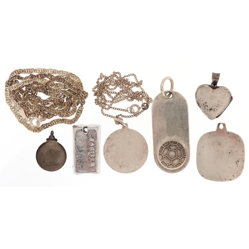 2708 - Silver and white metal jewellery including a 999 pure silver ingot pendant, football interest pendan... 