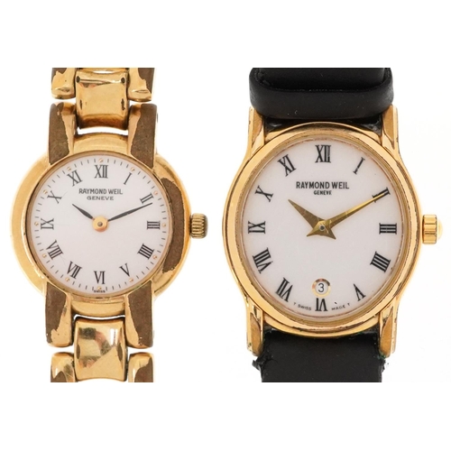 2533 - Raymond Weil, two ladies 18ct gold plated wristwatches, one with date aperture, the largest 23mm wid... 