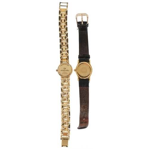 2533 - Raymond Weil, two ladies 18ct gold plated wristwatches, one with date aperture, the largest 23mm wid... 