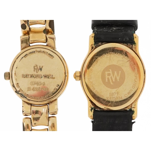 2533 - Raymond Weil, two ladies 18ct gold plated wristwatches, one with date aperture, the largest 23mm wid... 