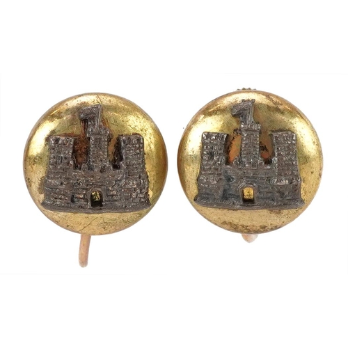 2150 - Pair of 9ct gold, yellow metal and white metal castle design earrings with screw backs, 1.3cm in dia... 