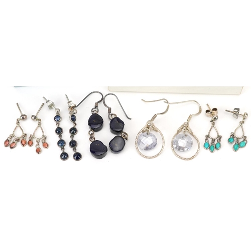 2739 - Eight pairs of silver and white metal earrings including Scottish lapis lazuli drop earrings housed ... 