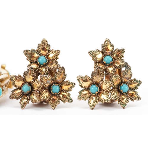 2666 - Vintage yellow metal jewellery comprising pair of turquoise triple flower head clip on earrings and ... 