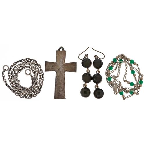 2555 - Vintage and later jewellery comprising a silver cross pendant, two silver necklaces and a pair of gr... 