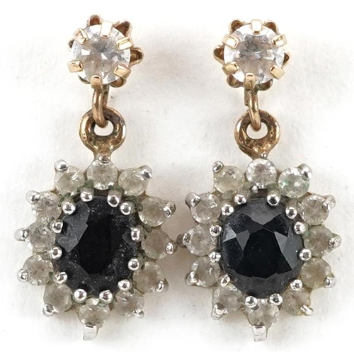 2198 - Pair of 9ct gold sapphire and clear stone cluster drop earrings, 1.6cm high, 1.3g