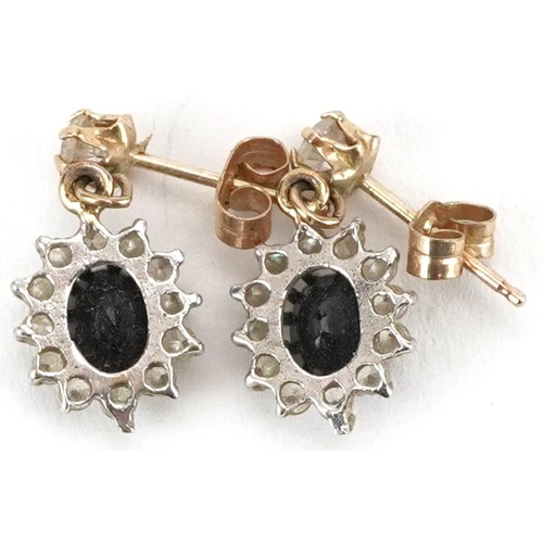 2198 - Pair of 9ct gold sapphire and clear stone cluster drop earrings, 1.6cm high, 1.3g