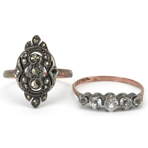 2646 - Two vintage 9ct gold and silver rings, one set with five graduated clear stones, the other marcasite... 