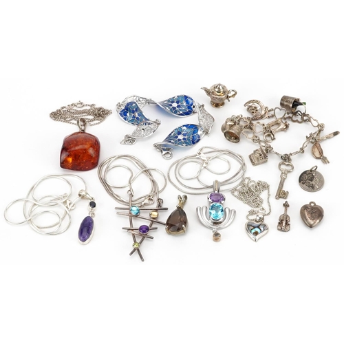 2701 - Silver and white metal jewellery, some set with semi precious stones including a plique a jour ename... 