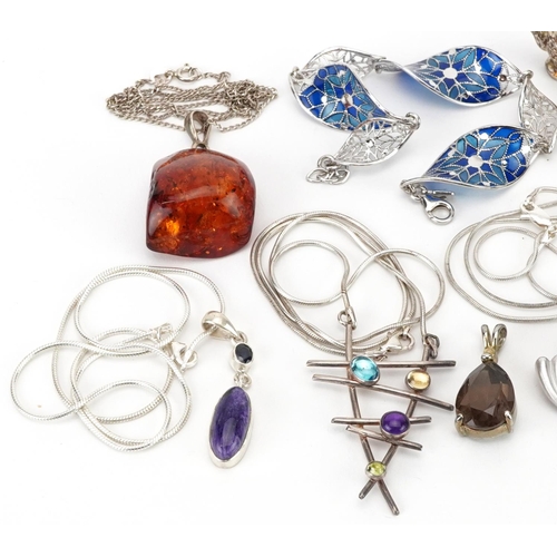 2701 - Silver and white metal jewellery, some set with semi precious stones including a plique a jour ename... 