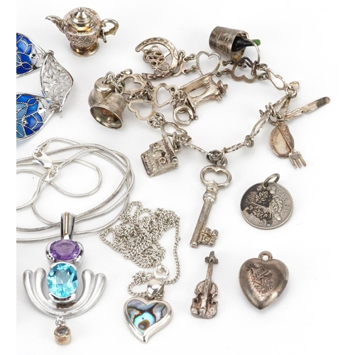 2701 - Silver and white metal jewellery, some set with semi precious stones including a plique a jour ename... 