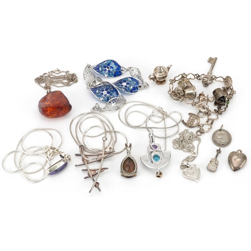 2701 - Silver and white metal jewellery, some set with semi precious stones including a plique a jour ename... 