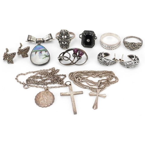 2673 - Vintage and later silver jewellery including Georg Jensen St Christopher pendant, marcasite rings, b... 