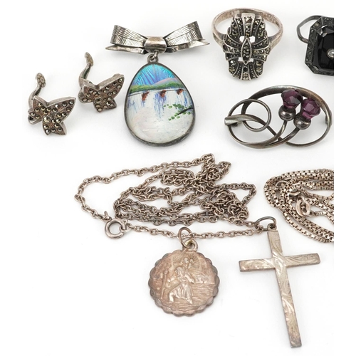 2673 - Vintage and later silver jewellery including Georg Jensen St Christopher pendant, marcasite rings, b... 