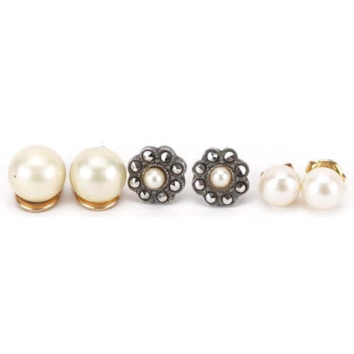 2669 - Three pairs of yellow and white metal earrings including cultured pearls and marcasite, the largest ... 