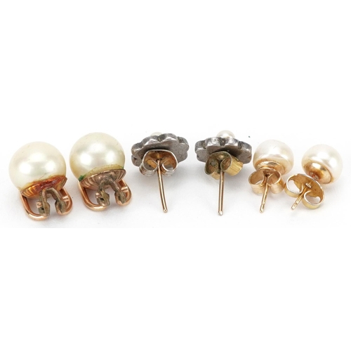 2669 - Three pairs of yellow and white metal earrings including cultured pearls and marcasite, the largest ... 