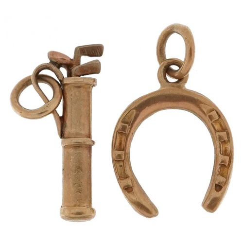 2575 - Two 9ct gold charms in the form of a lucky horseshoe and golf clubs with caddy, the largest 1.5cm hi... 