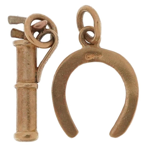 2575 - Two 9ct gold charms in the form of a lucky horseshoe and golf clubs with caddy, the largest 1.5cm hi... 