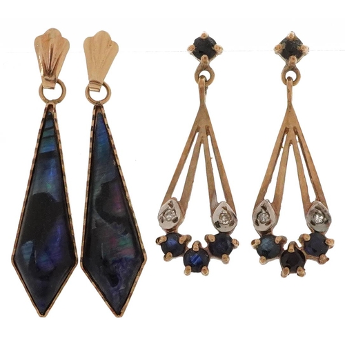 2653 - Two pairs of 9ct gold drop earrings comprising diamonds and sapphire and abalone, the largest 2.5cm ... 