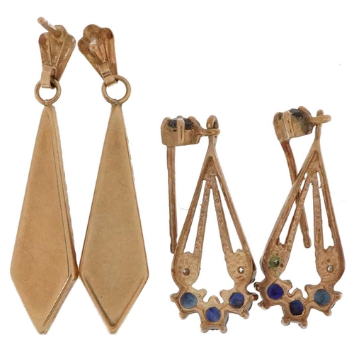 2653 - Two pairs of 9ct gold drop earrings comprising diamonds and sapphire and abalone, the largest 2.5cm ... 