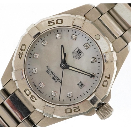 2114 - Tag Heuer, ladies Tag Heuer Aquaracer wristwatch having a diamond set mother of pearl dial with date... 