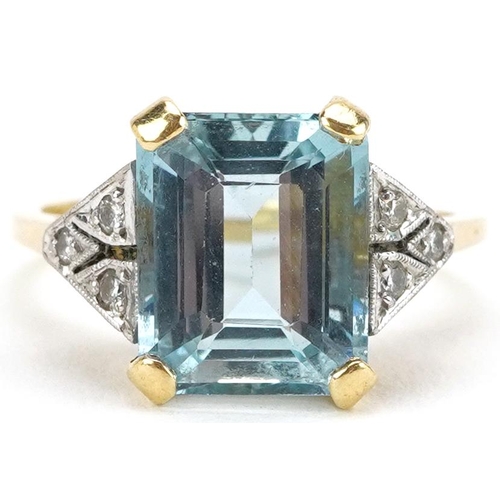 2115 - Art Deco style 9ct gold aquamarine ring with diamond set shoulders housed in a W Bruford box, 
the a... 