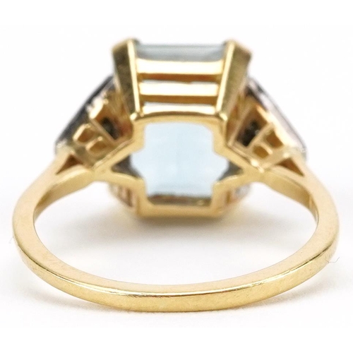 2115 - Art Deco style 9ct gold aquamarine ring with diamond set shoulders housed in a W Bruford box, 
the a... 