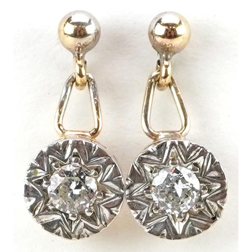 2171 - Pair of antique unmarked gold diamond solitaire drop earrings, each diamond approximately 0.20 carat... 