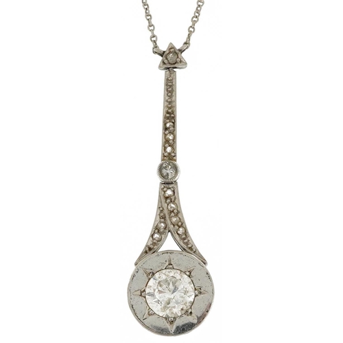 2052 - Unmarked white gold diamond pendant on an unmarked white gold necklace, the largest diamond approxim... 