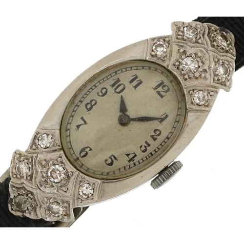 2227 - Art Deco platinum and diamond ladies manual wind cocktail watch having silvered dial with Arabic num... 