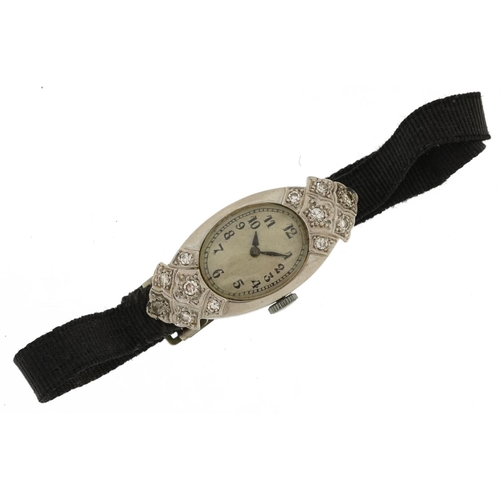 2227 - Art Deco platinum and diamond ladies manual wind cocktail watch having silvered dial with Arabic num... 