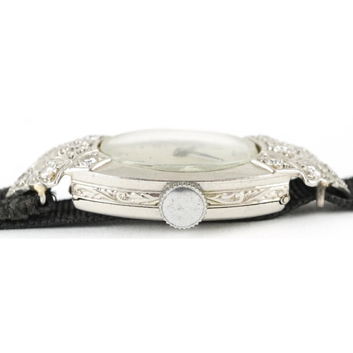 2227 - Art Deco platinum and diamond ladies manual wind cocktail watch having silvered dial with Arabic num... 