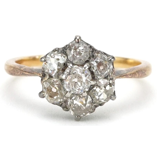 2004 - Antique unmarked gold diamond flower head ring, total diamond weight approximately 1.25 carat, tests... 