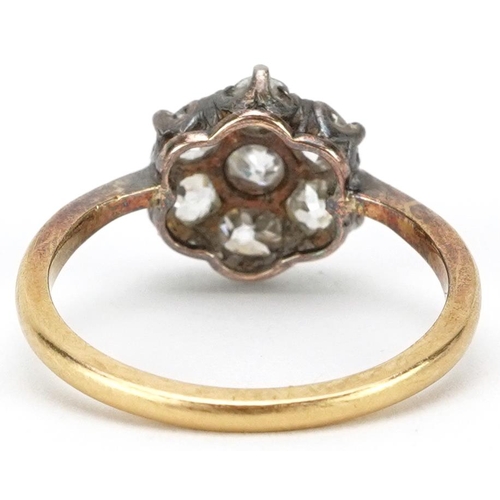 2004 - Antique unmarked gold diamond flower head ring, total diamond weight approximately 1.25 carat, tests... 