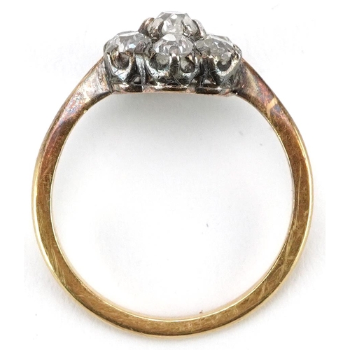 2004 - Antique unmarked gold diamond flower head ring, total diamond weight approximately 1.25 carat, tests... 