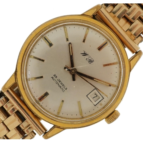 2140 - Gentlemen's automatic wristwatch having silvered dial with date aperture and monogrammed W B, the ca... 