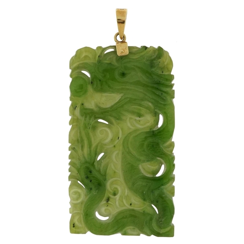 2125 - 14ct gold mounted Chinese green jade pendant carved with a dragon, 7cm high, 18.8g