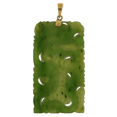 2125 - 14ct gold mounted Chinese green jade pendant carved with a dragon, 7cm high, 18.8g