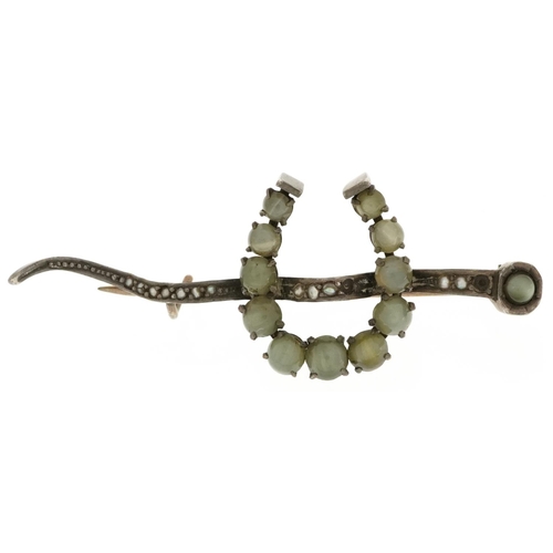 2651 - Victorian unmarked silver cabochon chrysoberyl and seed pearl bar brooch in the form of a lucky hors... 