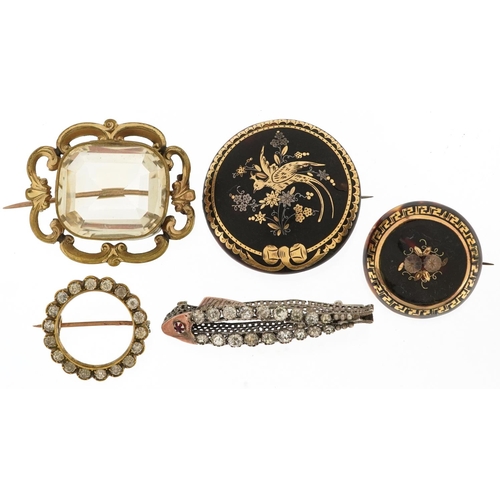 2286 - Five Antique and later brooches including two Victorian pique work tortoiseshell brooches and a citr... 