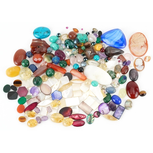 2659 - Collection of loose gemstones and cameos including amethyst, citrine, lapis lazuli, carnelian, malac... 