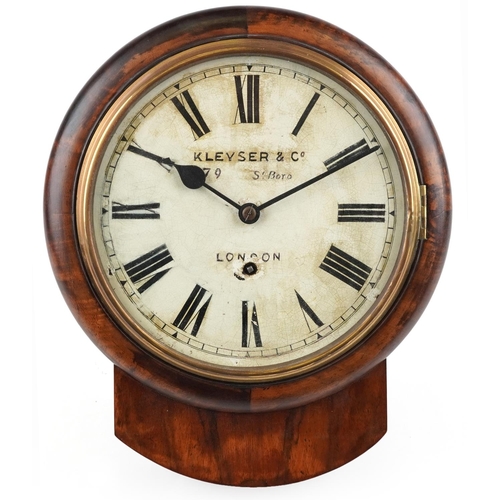 303 - Victorian mahogany drop dial wall clock with circular painted dial having Roman numerals, inscribed ... 